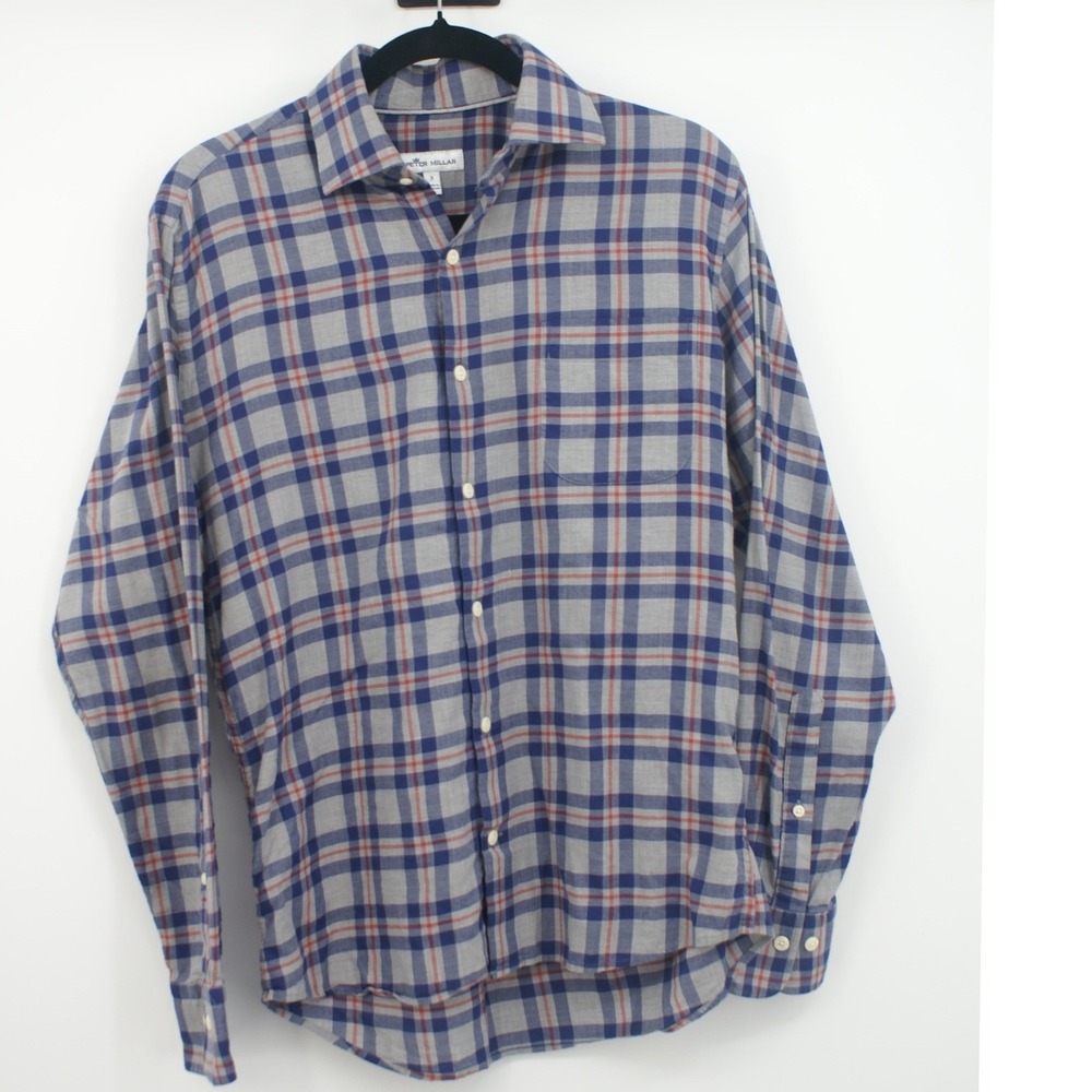 Peter Millar Mens Small Blue Grey Orange Plaid Button Down Shirt Long Sleeve